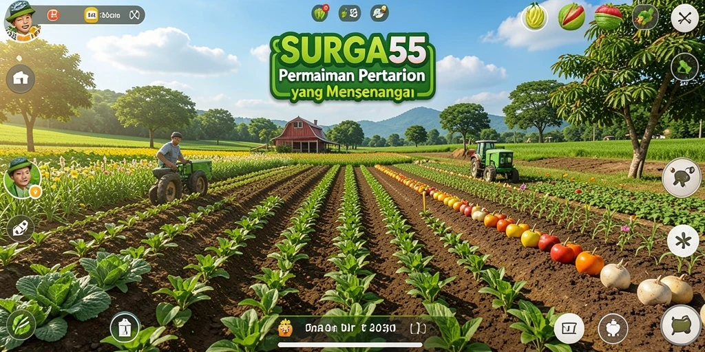Tampilan gameplay SURGA55 dengan kebun yang indah dan hewan ternak.