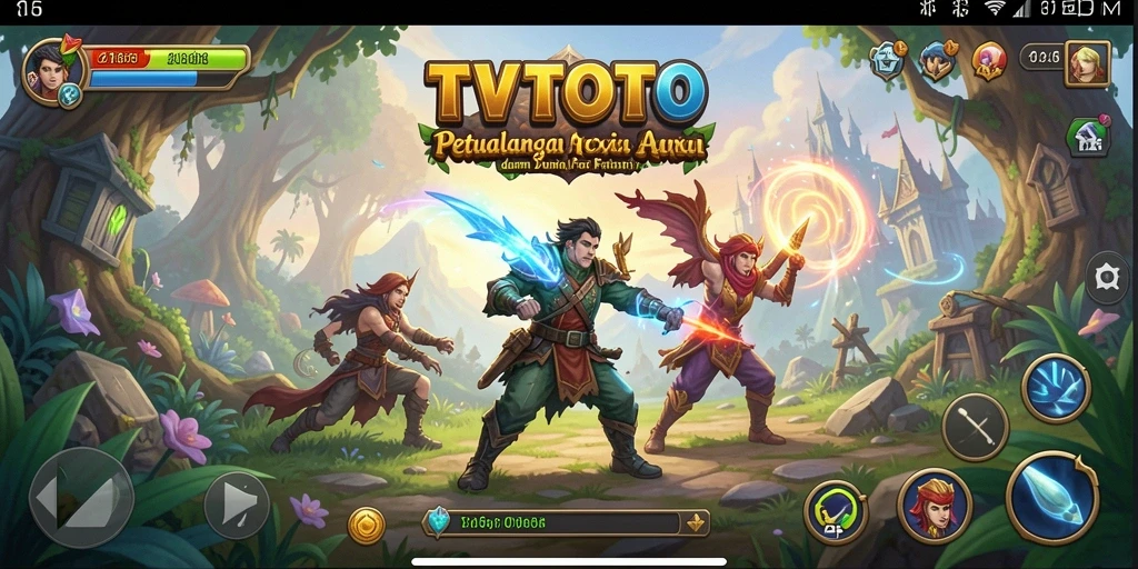 Tangkapan layar gameplay TVTOTO menampilkan pertempuran seru di dunia fantasi.